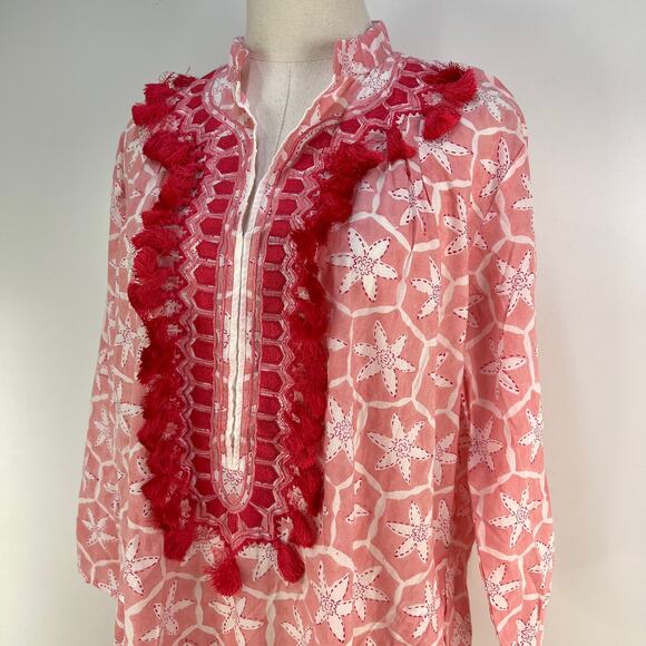 Ro’s Garden Alessandra Asha Long Kurta Red Printed Cotton Dress Tassel Trim - Picture 2 of 7